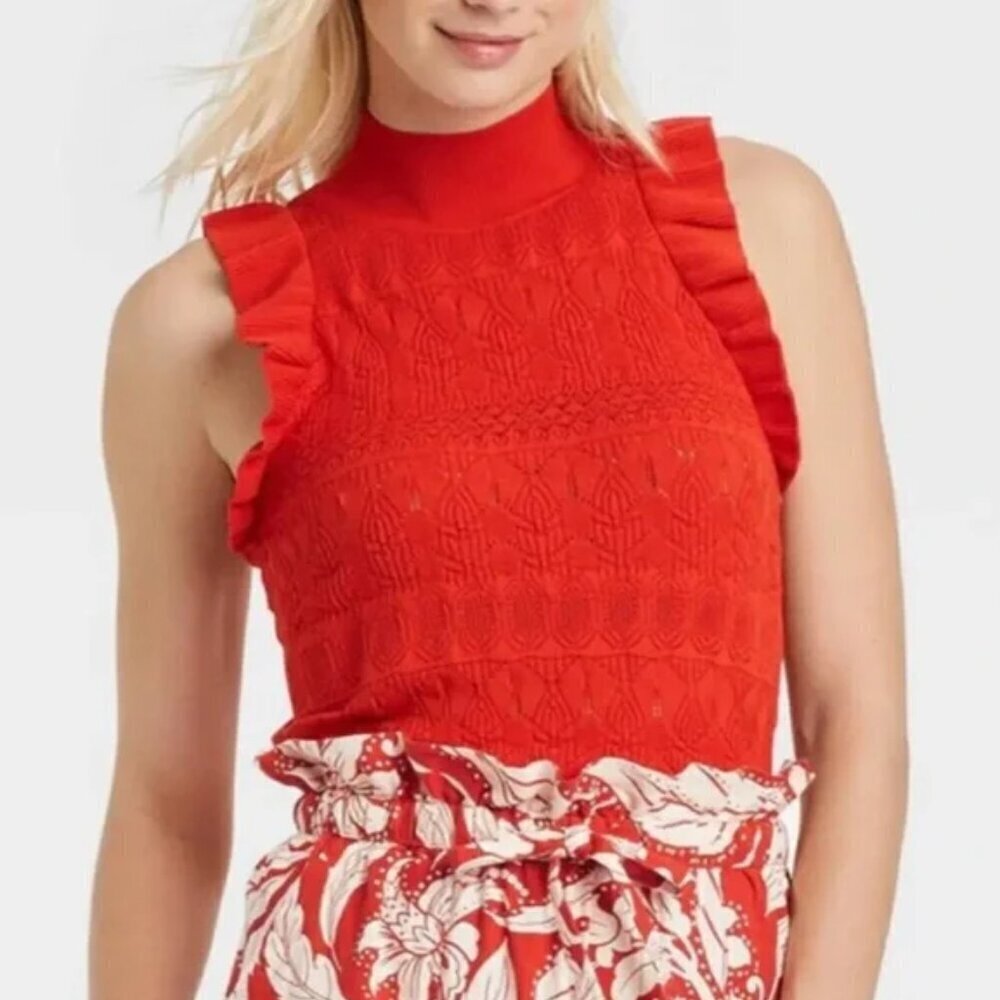 Who What Wear Red Clay Knit Ruffle Sleeveless Turtleneck Top Size S